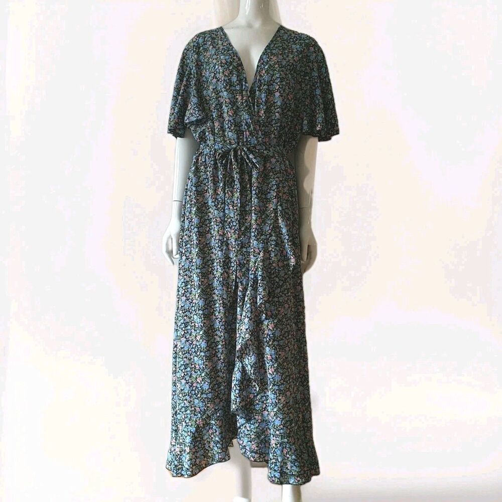 Shein Curve Maxi Dress 4XL Multicolor Floral Faux Wrap Occasion Belted Ruffle